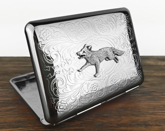 Fox Cigarette Case or Business Card Holder. Scrolly Ornate Pattern.