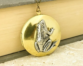 Frog Locket Necklace. Antiqued Silver Pewter and Vintage Brass Locket Necklace