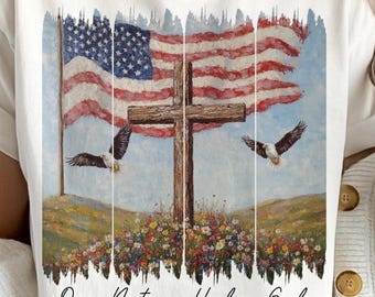 One Nation Under God PNG, 4th of July Christian Patriotic Sublimation PNG, Faith and Freedom Shirt Design PNG, American Flag Cross Digital