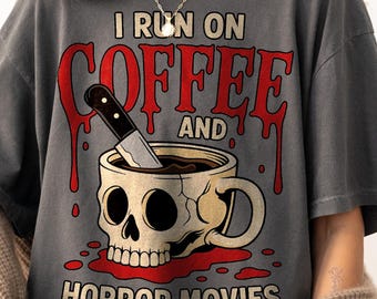 I Run On Coffee And Horror Movies PNG, Skeletons Drinking Coffee, Retro Halloween Sublimation, Funny Fall Vibes, Vintage Pumpkin Design