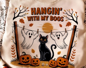 Funny Hanging Ghosts Halloween PNG, Hangin’ With My Boos Shirt Design, Cute Pumpkin Bat Digital Download, Trendy Halloween, Halloween 2025