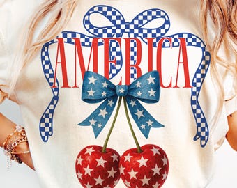 America Cherries PNG, Cherry Bow Png, Trendy July 4th PNG, 4th of july Woman png, Usa Flag png,  Coquette Usa Png, Checkered Png Sublimation