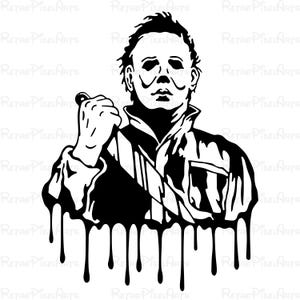 Puede incluir: Ilustración en blanco y negro de una figura enmascarada sosteniendo un cuchillo, con un efecto de goteo de sangre. La imagen es un diseño gráfico con el texto "Retro Pixel Arts" repetido.