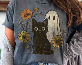 Cute Halloween Ghost and Cat Png, Retro Spooky Floral Halloween Png, Halloween Png, Funny Halloween Png, Black Cat Png