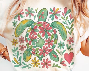 Floral Sea Turtle Summer PNG, Turtle Png Shirt, Beach Png, Boho Nautical Sublimation Design, Turtle Aesthetic Flower, Pink Summer girly png