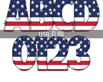 4th of July Alphabet Set PNG, American Flag Doodle Letters, Template Alphabet, Doodle Letters, Retro American Flag USA Coquette, A-Z Font