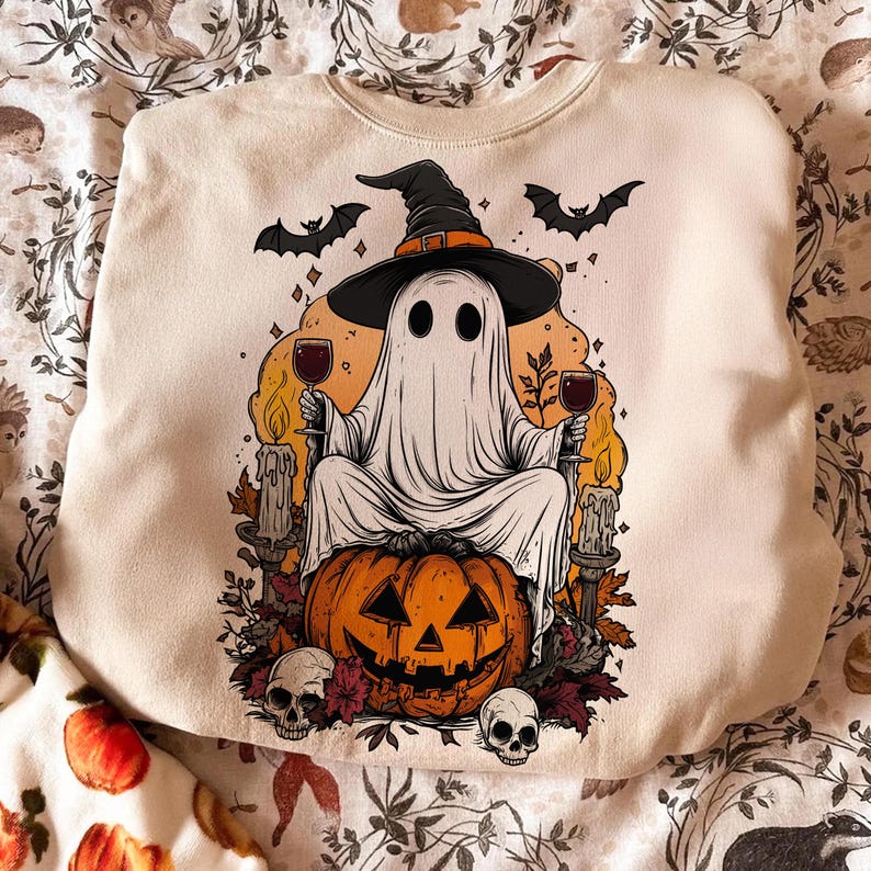 May include: Cream-colored sweatshirt featuring a Halloween-themed graphic. The design includes a ghost wearing a witch hat, sitting on a carved pumpkin, holding wine glasses, with bats and skulls. The graphic is in shades of orange, black, and white.