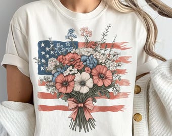 Floral American Flag PNG, 4th of July PNG, America Png, Patriotic PNG Design, Coquette 4th Of July Png, Retro 4th of July Png Designs