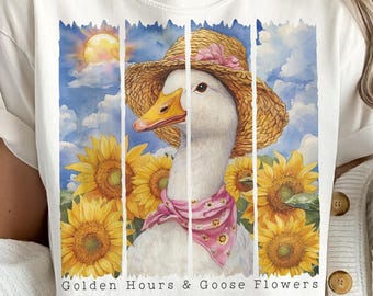 Golden hours Goose PNG, Vintage Farm Animal Illustration, Brushstroke Goose, Floral Duck Sublimation, Cute Country Digital Download
