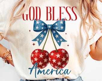 God Bless America PNG 4th of july png, Coquette Cherry Watercolor Sublimation Designs Christian PNG,Patriotic Christian, USA Vintage Trendy
