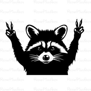 May include: A black and white graphic of a raccoon with its arms raised, displaying peace signs with its hands. The raccoon has a white face with black markings around its eyes and a black nose. The image has the text "Retro Pixel Arts" repeated.