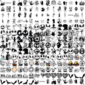 May include: A large collection of black and white digital clipart featuring various characters and designs from the movie The Nightmare Before Christmas. The images include Jack Skellington, Sally, Oogie Boogie, Zero the ghost dog, and other characters from the film. The clipart is perfect for crafting, scrapbooking, and other creative projects.