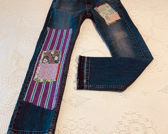 Hand Stitched Levi 513 Jeans  31 X 30 Boro Sashiko Visible Mending Upcycled Denim Handmade Feed Sack