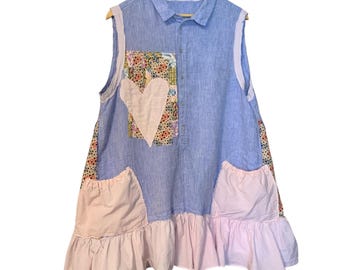 Upcycled Tunic Dress XL Art to Wear Pockets Sleeveless Lagenlook spring summer