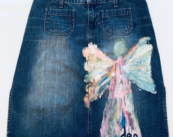 Size 8 Hand Painted Denim Skirt Folk Art Angel artsy unique One of a Kind OOAK Repurposed Upcycled A&F