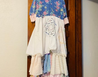 Handmade Cottagecore Maxi Dress M/L Prairie Boho Festival OOAK Artsy Ruffles Floral Cotton Linen Eyelet Embroidered Crewel