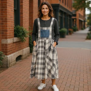 Upcycled Art To Wear Bib Overall Pullover Midi Maxi Dress Boho Hippie Festival 4X Oversize Pockets Quilt Long Sleeve Artsy Eclectic OOAK