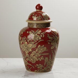 May include: A red ceramic ginger jar with a matching lid. The jar is decorated with a beige floral pattern. The lid has a small red knob. The jar is a decorative item.