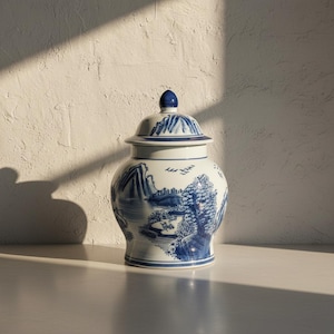May include: A white and blue ceramic jar with a lid. The jar features a landscape design with mountains, trees, and birds. The lid has a blue knob. The jar is sitting on a white surface.