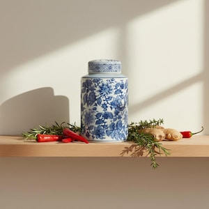 May include: A blue and white ceramic ginger jar with a floral pattern. The jar has a matching lid and is on a wooden shelf with red chillies, rosemary, thyme, and ginger.