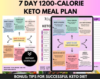 Plan de repas Keto sur 7 jours de 1200 calories, PDF du plan de repas du régime Keto, liste faible en glucides, liste d'aliments Keto, perte de poids, recettes saines Keto, cétogène