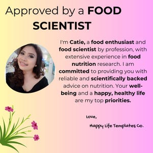 Op de afbeelding: Afbeelding met de tekst "Approved by a FOOD SCIENTIST" en een foto van een vrouw. De tekst eronder beschrijft haar als voedingswetenschapper die betrouwbaar voedingsadvies geeft. De achtergrond is een kleurovergang.