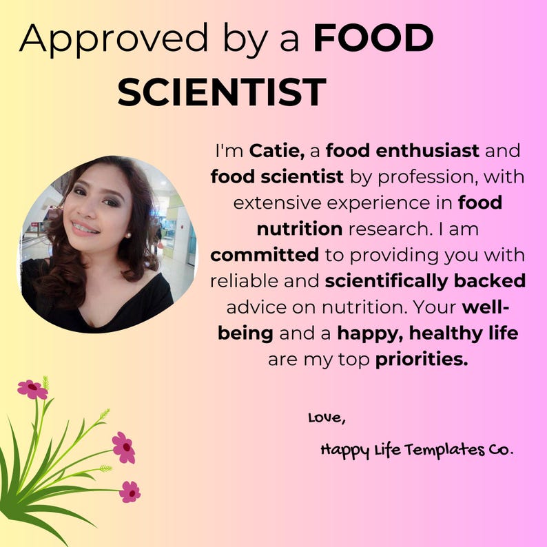 Op de afbeelding: Afbeelding met de tekst "Approved by a FOOD SCIENTIST" en een foto van een vrouw. De tekst eronder beschrijft haar als voedingswetenschapper die betrouwbaar voedingsadvies geeft. De achtergrond is een kleurovergang.