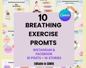 10 Breathing Exercise Prompts, Instagram Templates, Stress Relief, Calming Relaxing Editable Canva Templates, Facebook Social Media Template