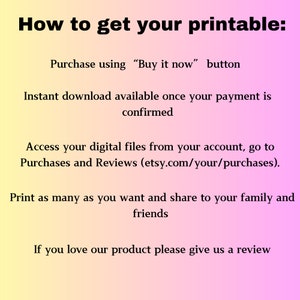 Op de afbeelding: Een afbeelding met instructies voor het verkrijgen van een printbaar item. De tekst beschrijft de stappen: aankoop via de "Koop nu" knop, direct downloaden na betaling, toegang tot bestanden via account en printen. De achtergrond is een gele tot roze gradi&euml;nt.