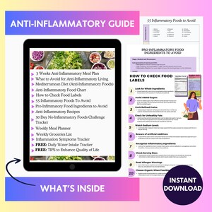 Op de afbeelding: Een digitale anti-inflammatoire gids op een tablet, tegen een kleurverloopachtergrond. De gids biedt maaltijdplannen, voedselgrafieken, recepten en trackers. Tekst aan de rechterkant beschrijft hoe je voedseletiketten controleert en ontstekingsbevorderende ingredi&euml;nten vermijdt. "Direct downloaden" is ook zichtbaar.