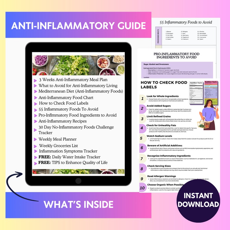 Op de afbeelding: Een digitale anti-inflammatoire gids op een tablet, tegen een kleurverloopachtergrond. De gids biedt maaltijdplannen, voedselgrafieken, recepten en trackers. Tekst aan de rechterkant beschrijft hoe je voedseletiketten controleert en ontstekingsbevorderende ingredi&euml;nten vermijdt. "Direct downloaden" is ook zichtbaar.