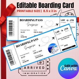 Modelo editável de cartão de embarque Canva, revelação de viagem surpresa, cartão de embarque surpresa, canva de passagem aérea, download digital, passagem aérea