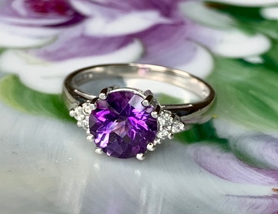 14k Amethyst and Diamond Ring, White Gold Amethys… - image 2