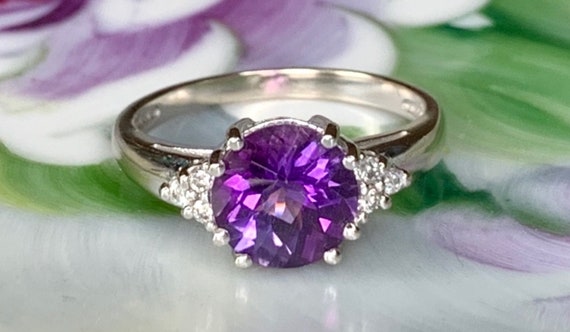 14k Amethyst and Diamond Ring, White Gold Amethys… - image 1