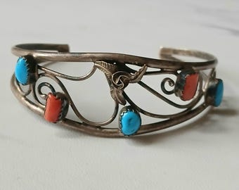 Vintage Turquoise & Coral Sterling Silver Cuff Bracelet