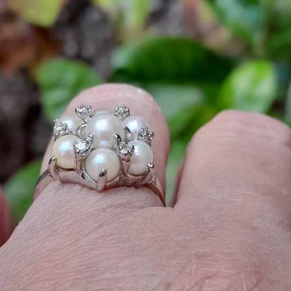 Vintage Pearl and Diamond Cluster Ring - image 3