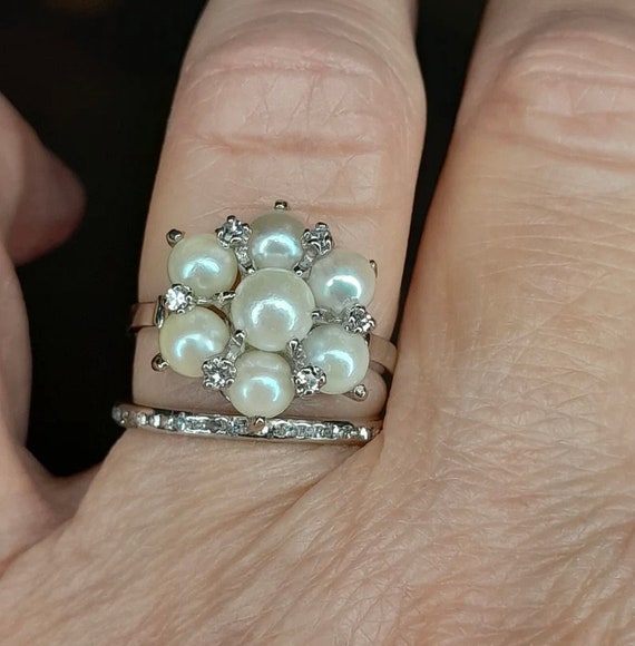 Vintage Pearl and Diamond Cluster Ring - image 2