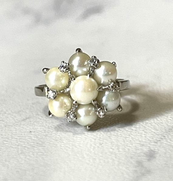 Vintage Pearl and Diamond Cluster Ring - image 1