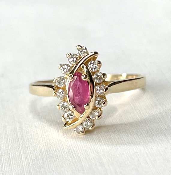 14k Ruby & Diamond Ring, Marquise Ruby Ring