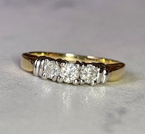 14K 3 Stone Diamond Ring - Two Tone Gold Three St… - image 1