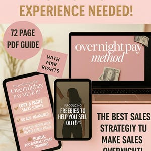 May include: Pink digital marketing graphic with text: "Turn $5 into Unlimited Sales - No Experience Needed!" and "Overnight Pay Method." Includes a laptop, tablet, and phone with sales-related content. Also includes the text "Instant Download - Start Today" and "Add to Cart."