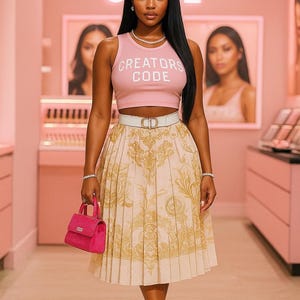 May include: A woman in a pink tank top with "CREATORS CODE" printed on it, a white belt, and a pleated skirt with a gold pattern. She is holding a pink handbag and wearing beige heels. The background is a pink interior with the words "CREATORS CODE" in neon lights.