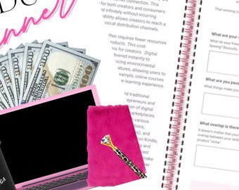 Könnte beinhalten: Ein pinkfarbener Laptop, ein pinkfarbenes, flauschiges Notizbuch mit einem diamantbesetzten Stift und ein Stapel 100-Euro-Scheine werden zusammen mit einem Planer mit der Aufschrift "Digital Product Planner" angezeigt. Der Planer hat eine rosa Spiralbindung.