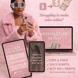 May include: Pink promotional image with text: "Turn £5 into unlimited sales." A person wearing glasses and a pink coat holds a phone. The image includes a laptop and two tablets with text about sales scripts and bonuses.