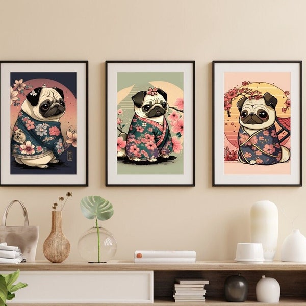 Kawaii Japanese Pugs in Kimonos DIgital art bundle 3 pictures poster art Japanese art