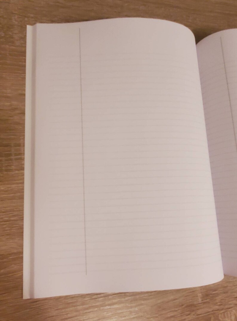 K&ouml;nnte beinhalten: Ein leeres, wei&szlig;es, liniertes Notizbuch mit einem wei&szlig;en R&uuml;cken. Das Notizbuch ist auf einer leeren Seite ge&ouml;ffnet.