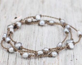 Silver Pearl Baroque Petite WRAP ~ handspun ROPE ~ bracelet ~ anklet ~ necklace ~ hair jewelry ~ versatile ~bohemian ~ tula blue -1843