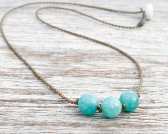Amazonite Round Medium Triple Knotted Necklace / handspun ROPE /waterproof / kid-proof / life-proof/ minimalist beauty / Tula Blue