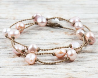Blush Pearl Baroque Medium WRAP~ handspun ROPE ~ bracelet ~ anklet ~ necklace ~ hair jewelry ~ versatile ~ bohemian~tula blue-0237