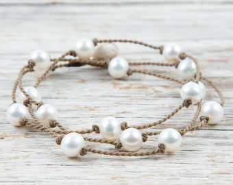 White Pearl Round Medium WRAP ~ handspun ROPE ~ bracelet ~ anklet ~ necklace ~ versatile ~ minimalist bohemian ~ tula blue - 0027